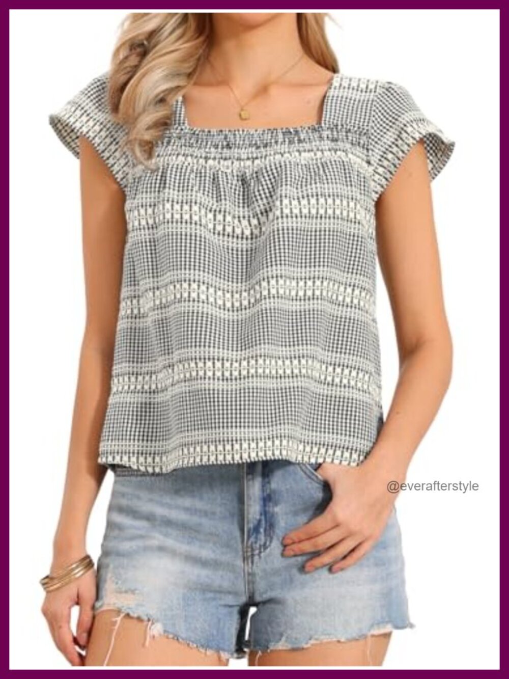 Gingham Peasant Top Square Neck Cap Sleeve Summer Blouse